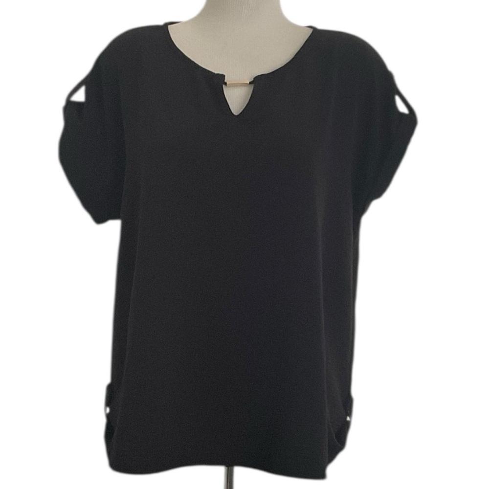 TAHARI Women’s Top Black Split Neck Rolled Button Cuff Polyester Size XL